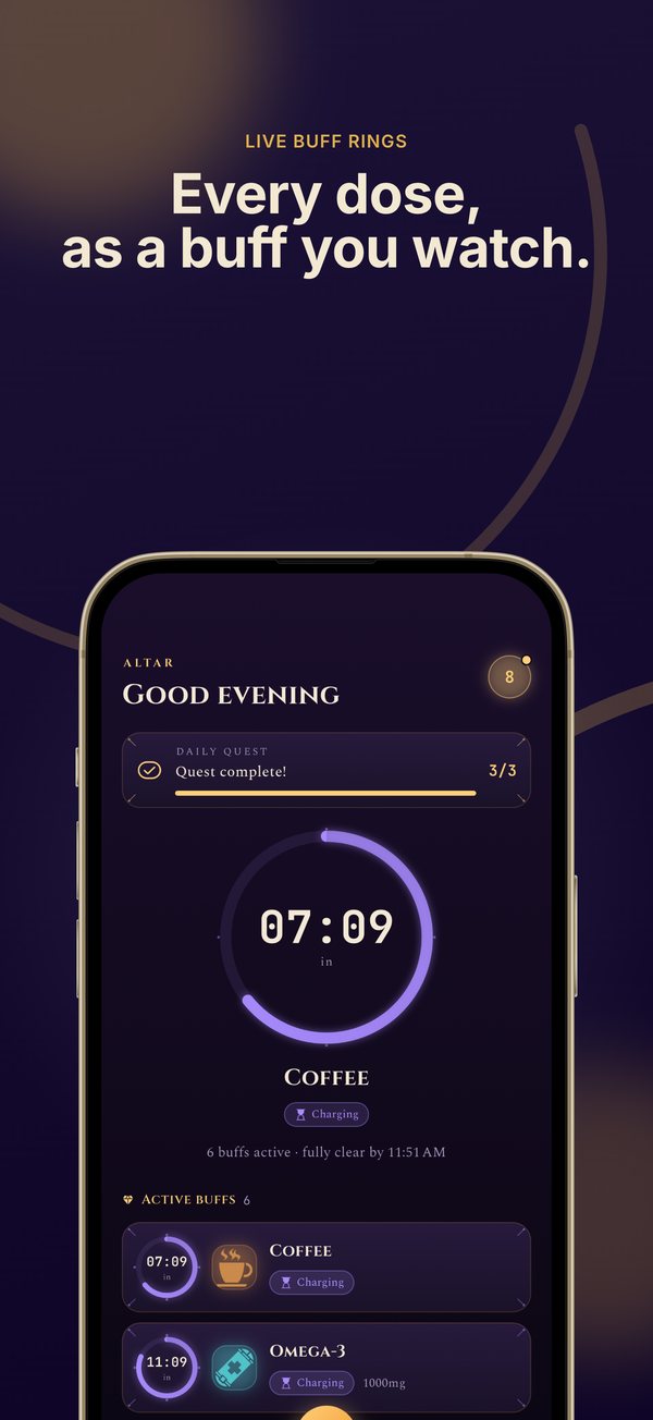Every dose, as a buff you watch. The Potionkeep home screen with a live countdown ring showing coffee charging for 7 hours 9 minutes, a completed daily quest, and 6 active buffs including omega 3