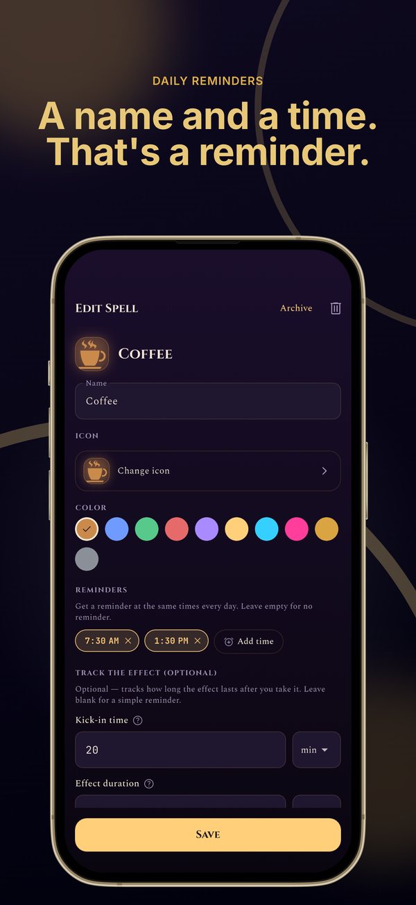 A name and a time, that is a reminder. The Potionkeep dose editor for coffee with daily reminders at 7:30 AM and 1:30 PM, plus an icon and colour picker