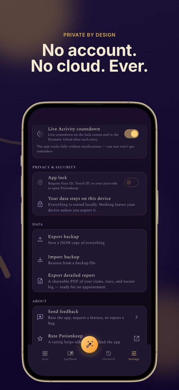 No account, no cloud, ever. Potionkeep privacy settings confirming data stays on the device, with an optional Face ID app lock and local backup export